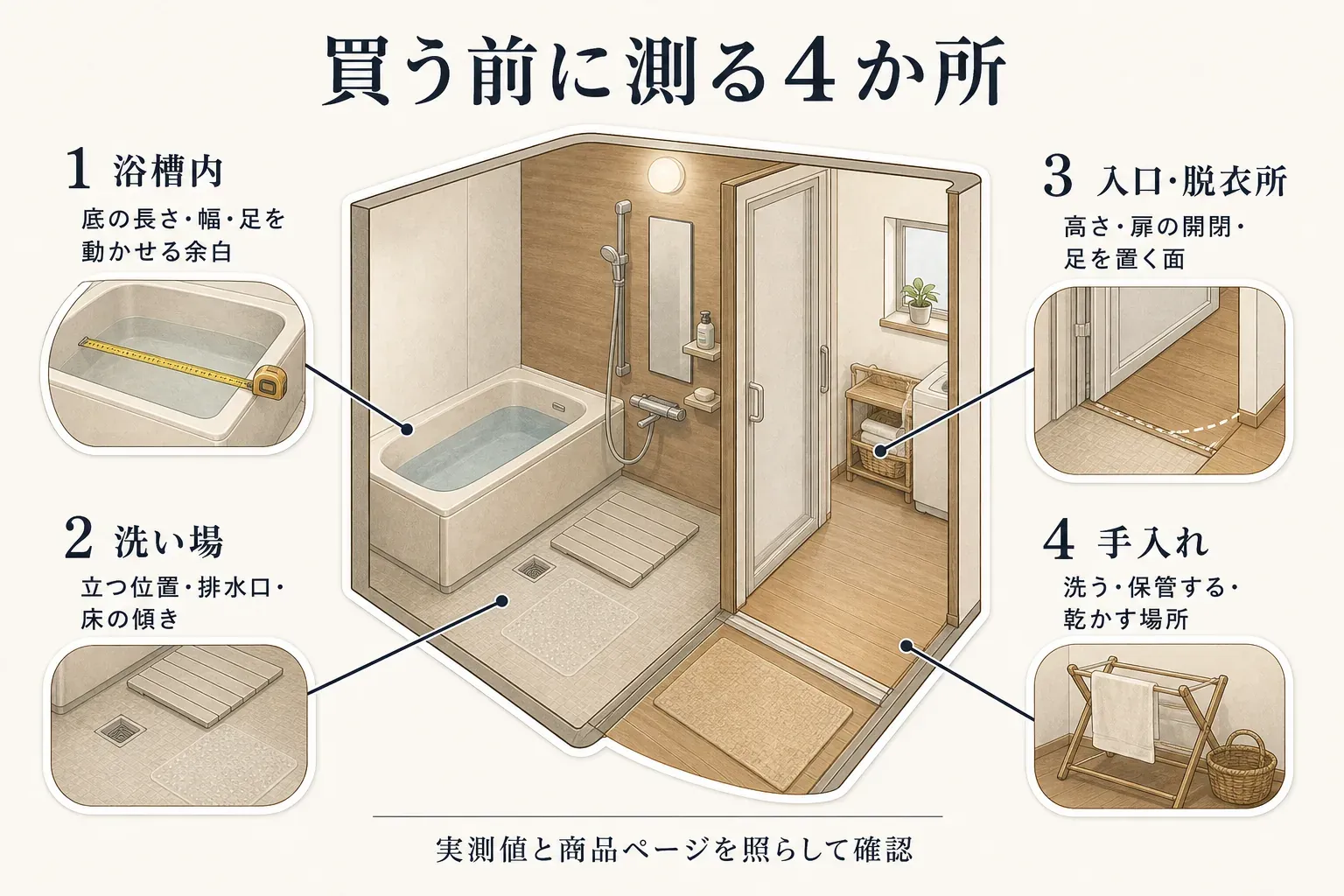 浴室用品を買う前に測る4か所を示した図。浴槽内は底の長さ・幅と足を動かせる余白、洗い場は立つ位置・排水口・床の傾き、入口・脱衣所は高さ・扉の開閉・足を置く面、手入れは洗う・保管する・乾かす場所を、実測値と商品ページで照らして確認する
