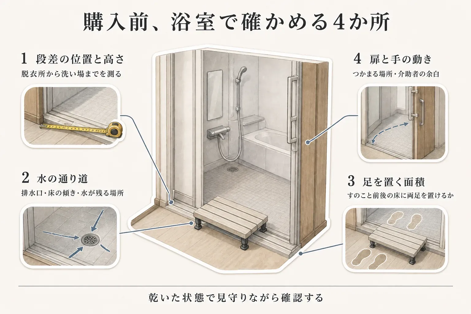 購入前に浴室で確認する4か所を示した図。脱衣所から洗い場までの段差の位置と高さ、排水口・床の傾き・水が残る場所、すのこと前後の床に両足を置ける面積、扉の開閉時につかまる場所と介助者の余白を、乾いた状態で見守りながら確認する