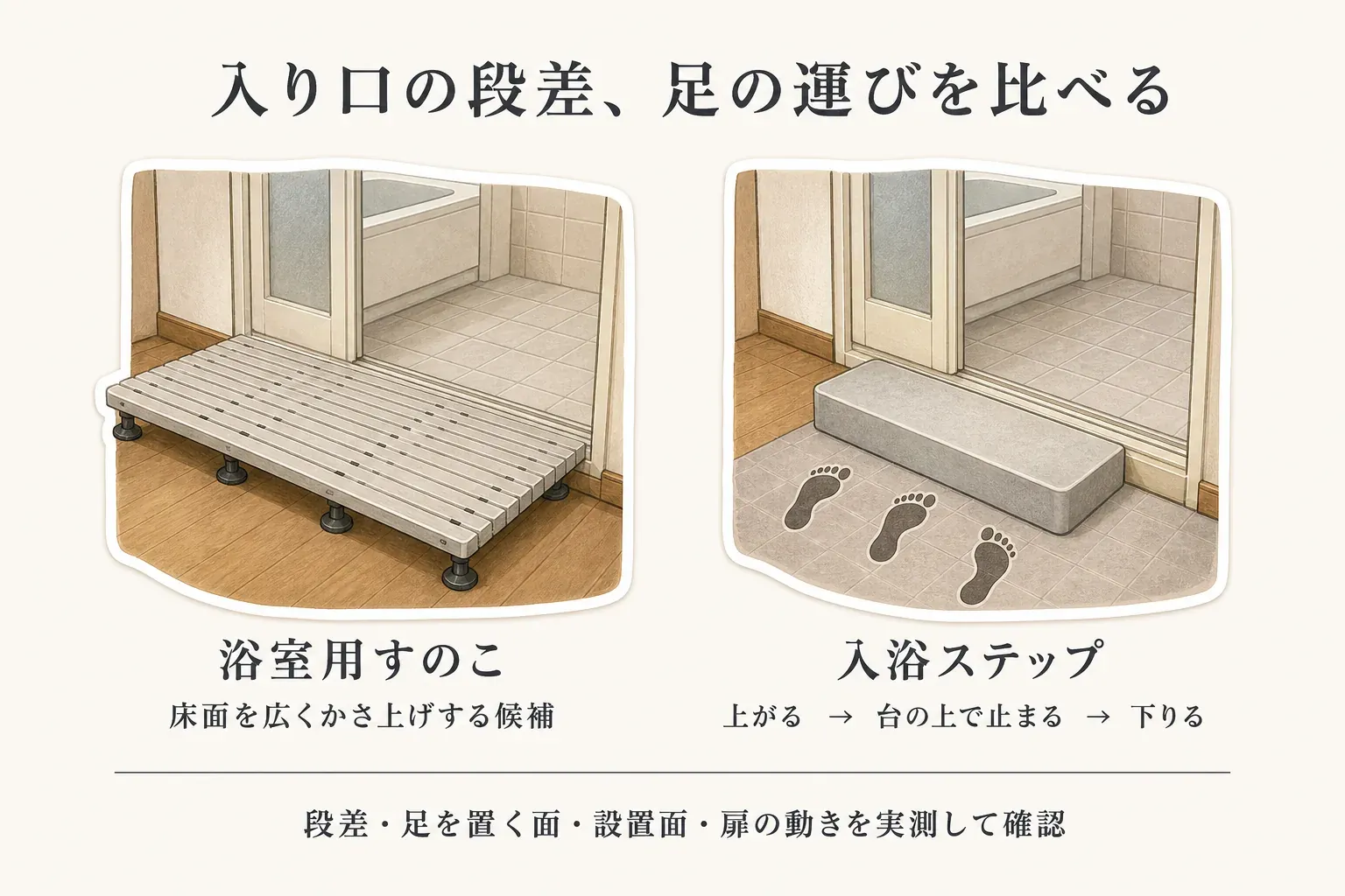 浴室の入口で浴室用すのこと入浴ステップの足の運びを比べた図。すのこは床面を広くかさ上げする候補、入浴ステップは上がる・台の上で止まる・下りる動作になることを示し、段差、足を置く面、設置面、扉の動きを実測して確認するよう案内している