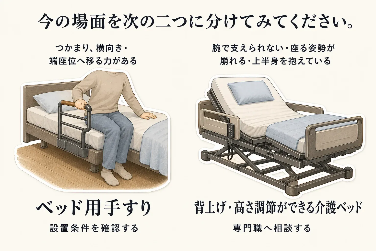 今の場面を二つに分け、つかまって横向きや端座位へ移る力がある場合はベッド用手すりの設置条件を確認し、腕で支えられない・座る姿勢が崩れる・上半身を抱えている場合は背上げと高さ調節ができる介護ベッドについて専門職へ相談することを示した図