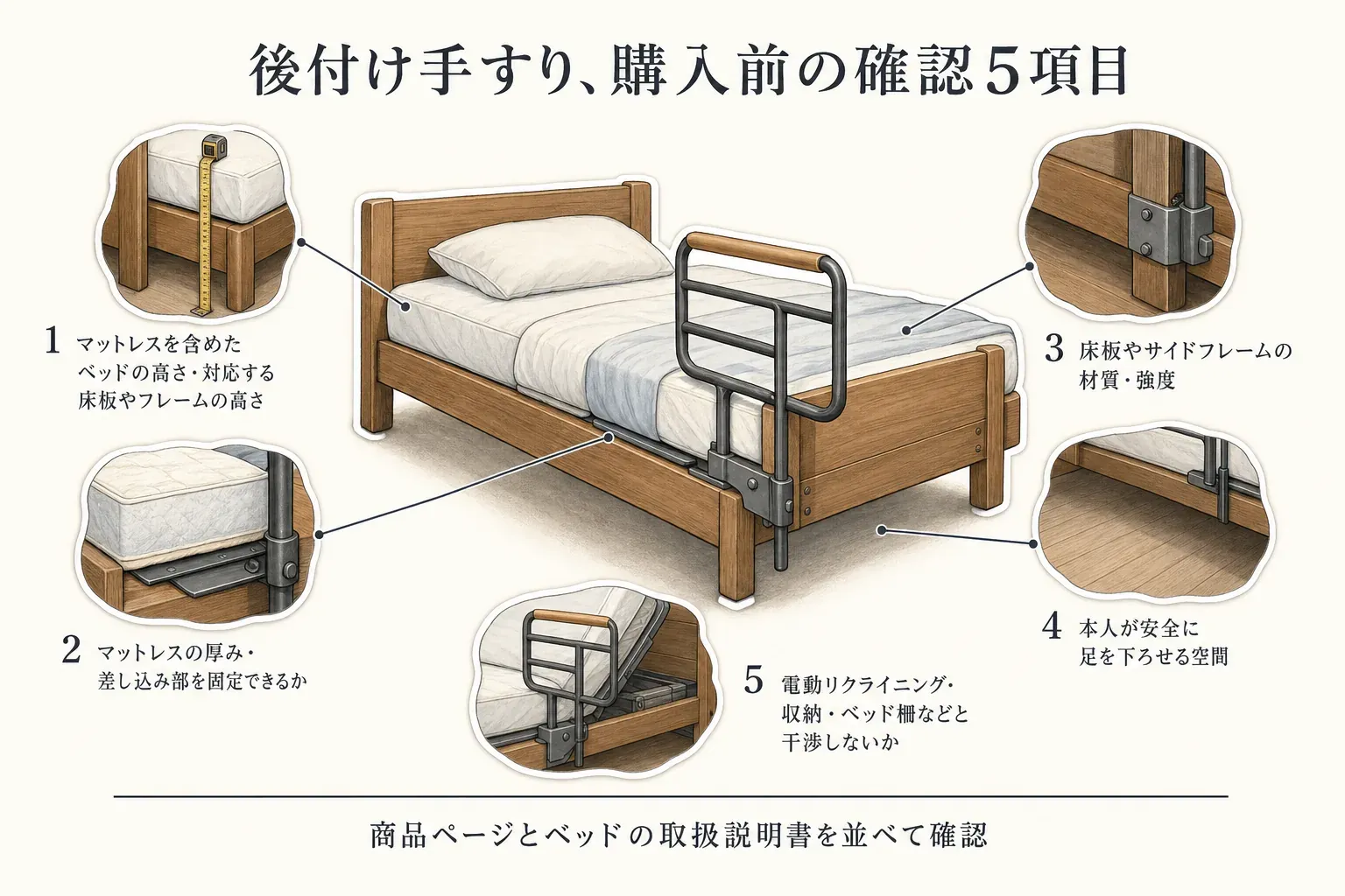 後付けベッド用手すりの購入前に確認する五項目として、ベッドと床板・フレームの高さ、マットレスの厚みと固定、床板やサイドフレームの材質と強度、足を安全に下ろせる空間、電動リクライニング・収納・ベッド柵との干渉を示した図