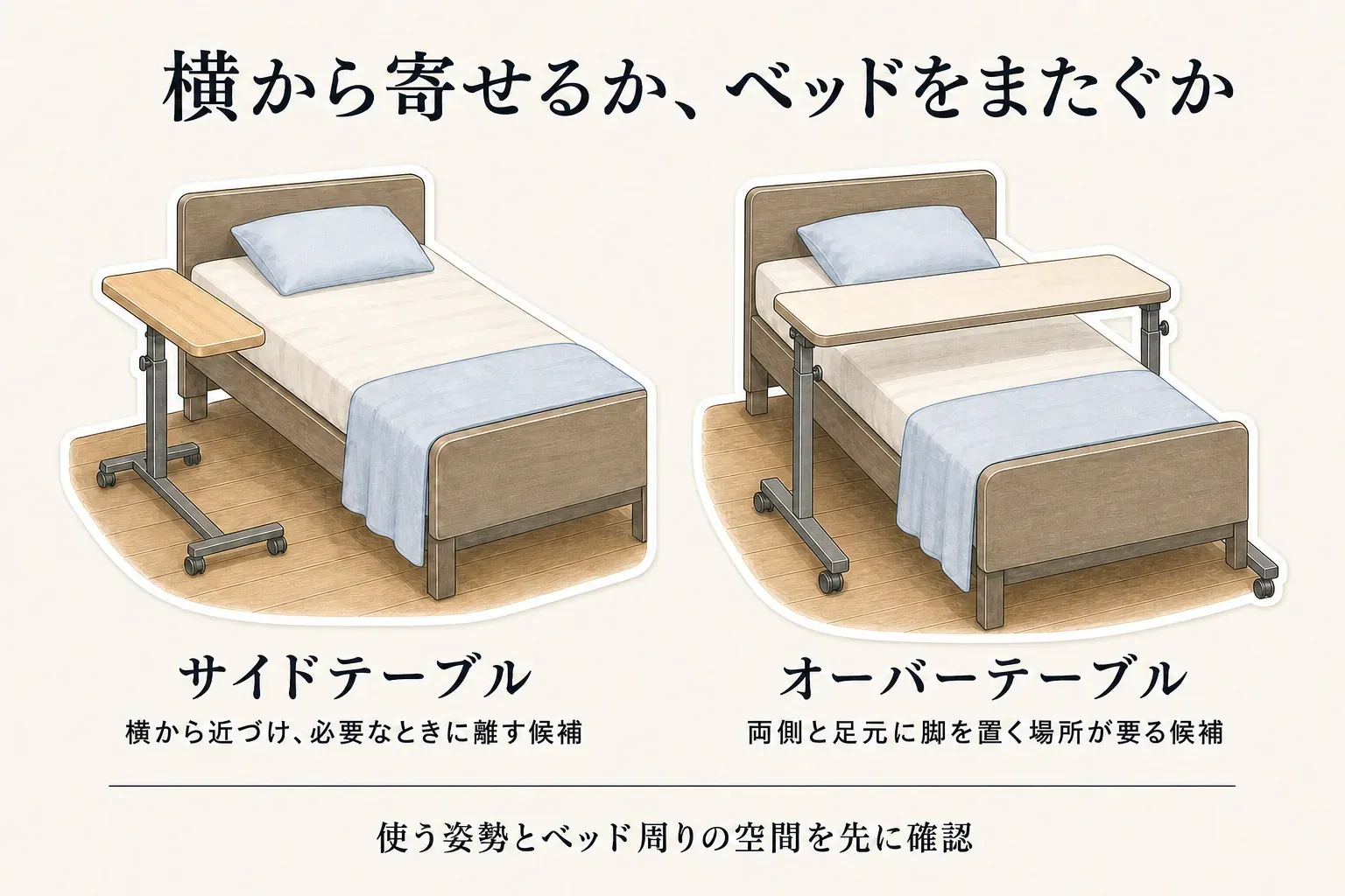 キャスター付きベッドテーブルの置き方を、ベッドの横から天板を寄せるサイドテーブルと、両側の脚でベッドをまたいで天板を上に置くオーバーテーブルで比較し、それぞれに必要な脚・キャスターのスペースを示した図