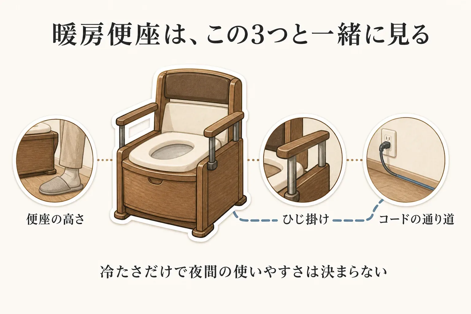 暖房便座を選ぶ際に一緒に確認する3点を示した図。ポータブルトイレの便座の高さ、ひじ掛けの位置、コンセントから伸びる電源コードの通り道を描き、冷たさだけで夜間の使いやすさは決まらないことを示している
