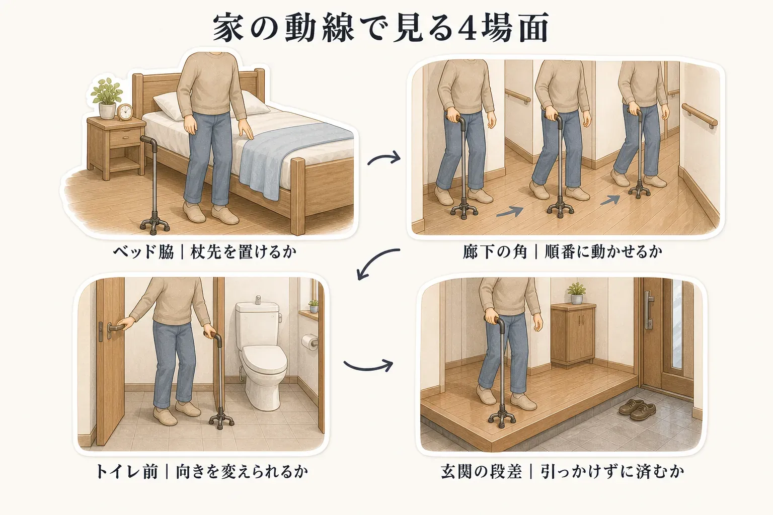 家の動線で杖が合うかを確認する4場面を示す図。ベッド脇で杖先を置けるか、廊下の角で杖と足を順番に動かせるか、トイレ前で向きを変えられるか、玄関の段差で杖を引っかけずに済むかを確認する