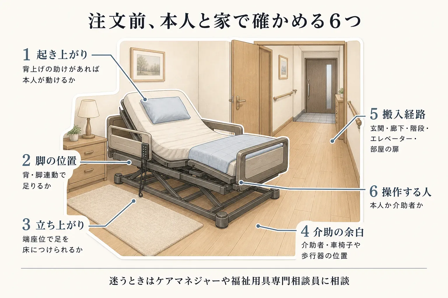 介護ベッドの注文前に本人と家族で確認する6項目を示した図。背上げで起き上がれるか、背・脚連動で脚の位置が足りるか、端座位で足を床につけられるか、介助者・車椅子・歩行器の余白、玄関・廊下・階段・エレベーター・部屋の扉の搬入経路、リモコンを本人か介助者のどちらが操作するかを示している