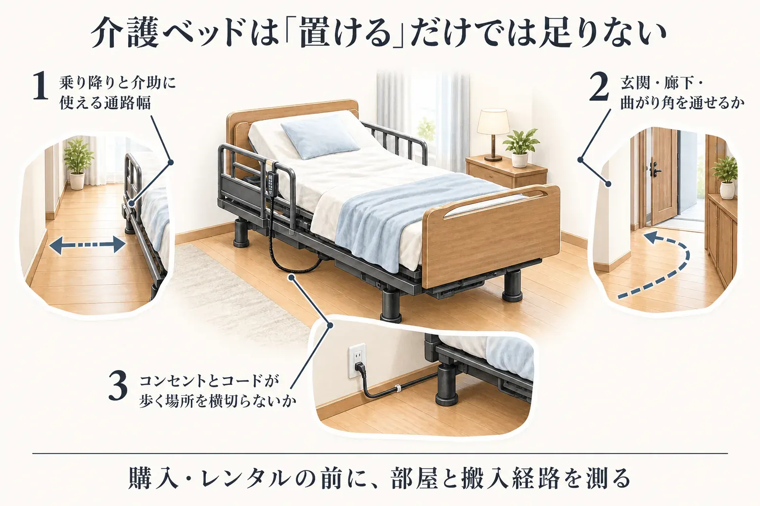 介護ベッドの設置前に、乗り降りと介助に使える通路幅、玄関・廊下・曲がり角を含む搬入経路、コンセントとコードが歩く場所を横切らないことを確認し、購入・レンタル前に部屋と搬入経路を測るよう示した図