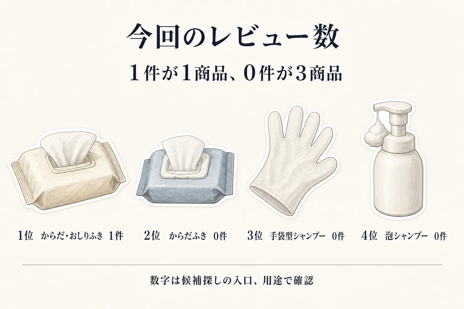 今回の4商品のレビュー数を示す図。1位のからだ・おしりふきは1件、2位のからだふき、3位の手袋型シャンプー、4位の泡シャンプーは各0件で、レビュー数は候補探しの入口として用途を確認するよう案内している
