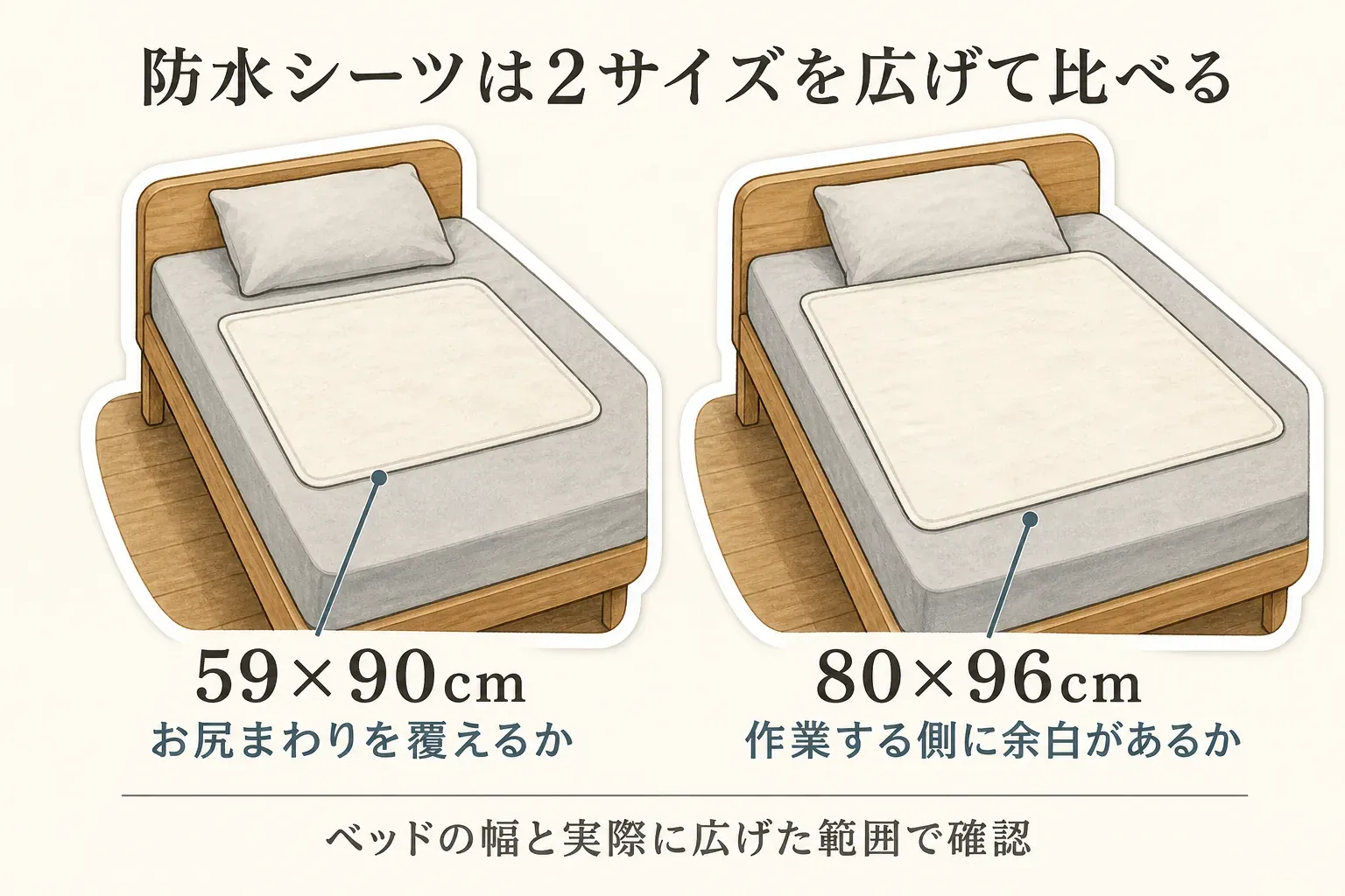 防水シーツの59×90cmと80×96cmをベッドに広げた比較図で、お尻まわりを覆えるか、作業する側に余白があるかをベッドの幅と実際に広げた範囲で確認することを示した図