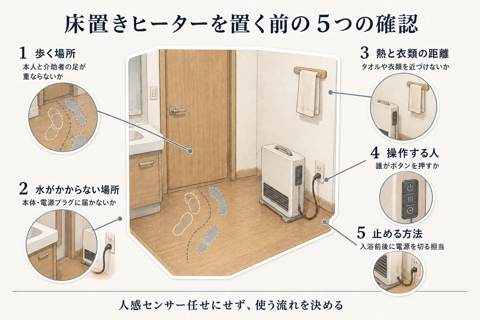 脱衣所に床置きヒーターを置く前の5つの確認を示した図。本人と介助者の足が重ならない歩く場所、本体と電源プラグに水が届かない場所、ヒーターとタオルや衣類の距離、ボタンを押す人、入浴前後に電源を切る担当を確認し、人感センサー任せにせず使う流れを決めるよう示している