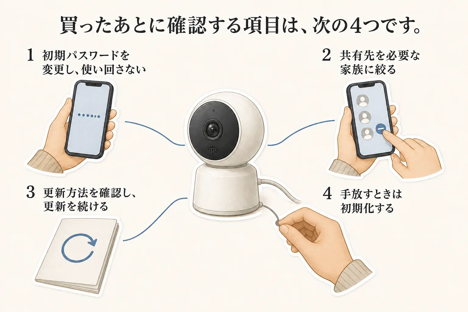 見守りカメラを買ったあとに確認する4項目として、初期パスワードを変更して使い回さないこと、共有先を必要な家族に絞ること、更新方法を確認して更新を続けること、手放すときは初期化することを示した図