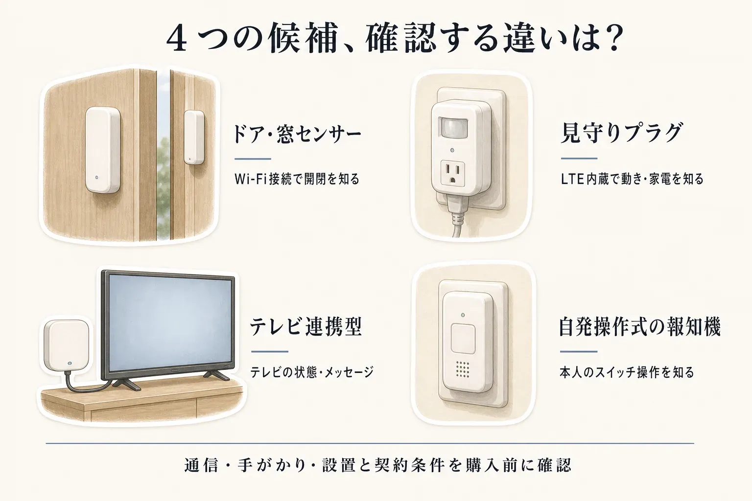 レビュー数順に並べた4つの高齢者見守り機器の違いを示す図。ドア・窓の開閉を知らせるWi-Fi接続センサー、Wi-Fi不要で動き・明るさ・温湿度・家電使用を確認するLTE見守りプラグ、テレビの状態とメッセージを使うLTE型、本人のスイッチ操作を知らせる壁面施工型を比較している