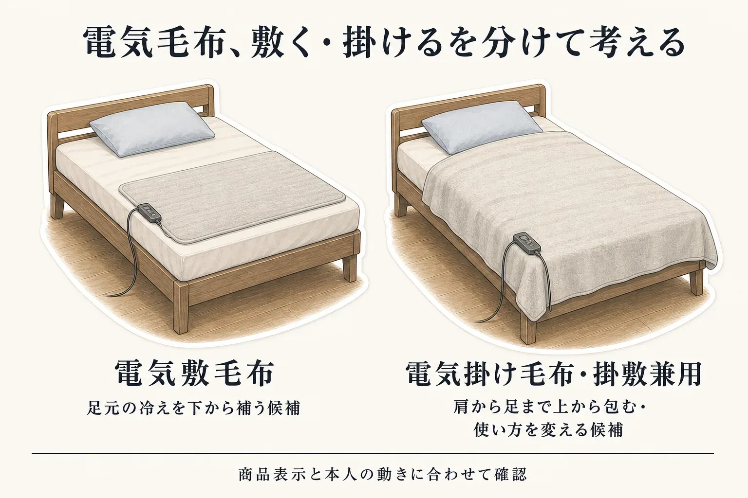 電気敷毛布と電気掛け毛布・掛敷兼用の置き方を比べた図。電気敷毛布はベッドの上で足元の冷えを下から補う候補、電気掛け毛布・掛敷兼用は肩から足まで上から包み、使い方を変える候補として示している