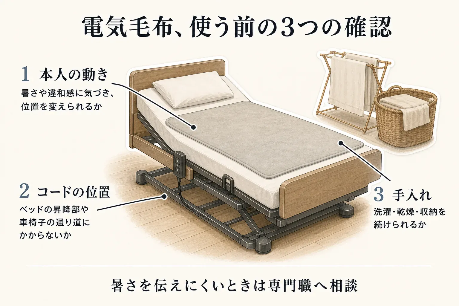 電気毛布を使う前の3つの確認を示した図。暑さや違和感に気づいて本人が位置を変えられるか、コードがベッドの昇降部や車椅子の通り道にかからないか、洗濯・乾燥・収納の手入れを続けられるかを示している