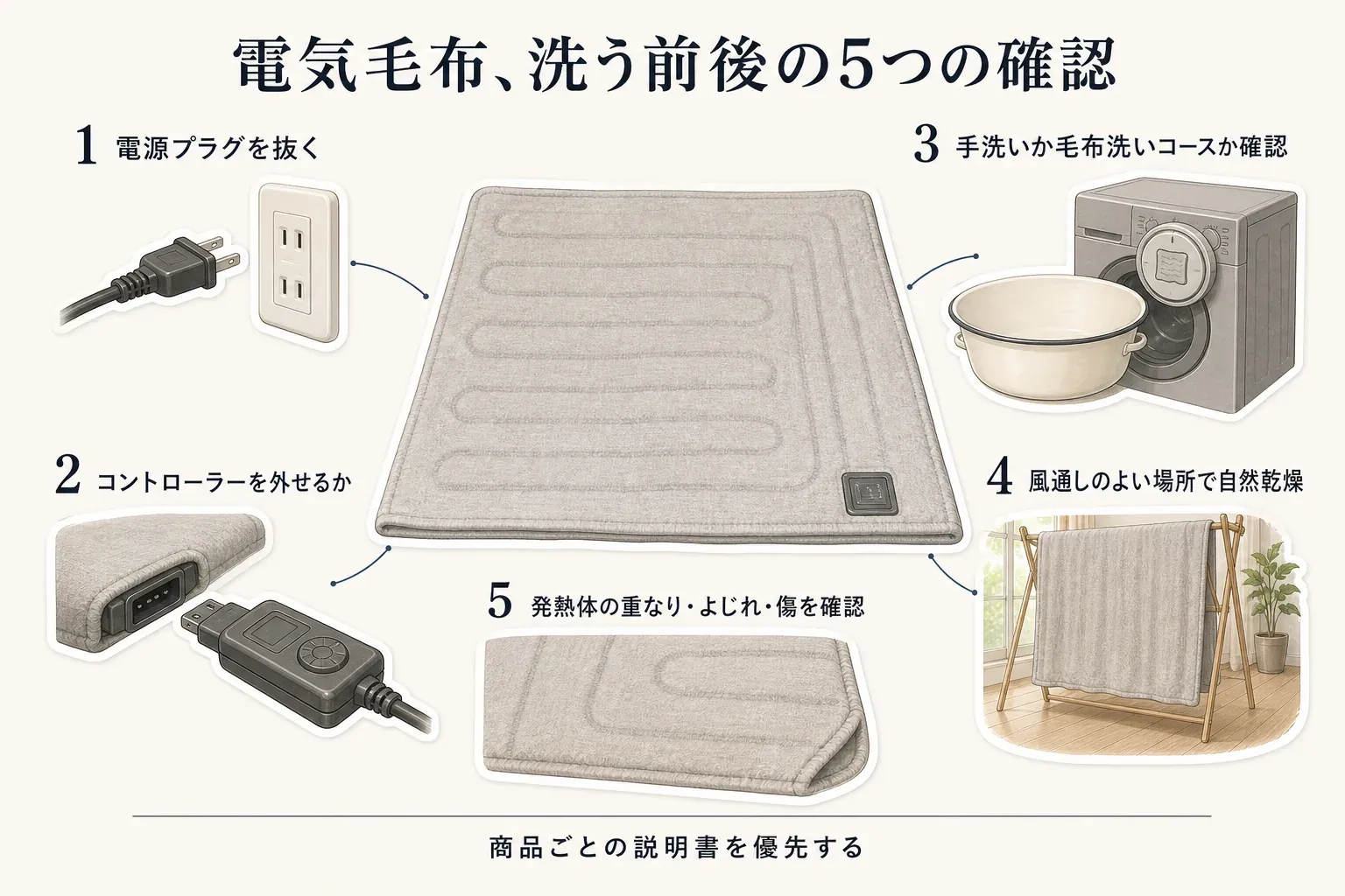 電気毛布を洗う前後の5つの確認を示した図。電源プラグを抜く、コントローラーを外せるか確認する、手洗いか毛布洗いコースを確認する、風通しのよい場所で自然乾燥する、発熱体の重なり・よじれ・傷を確認する手順を示している