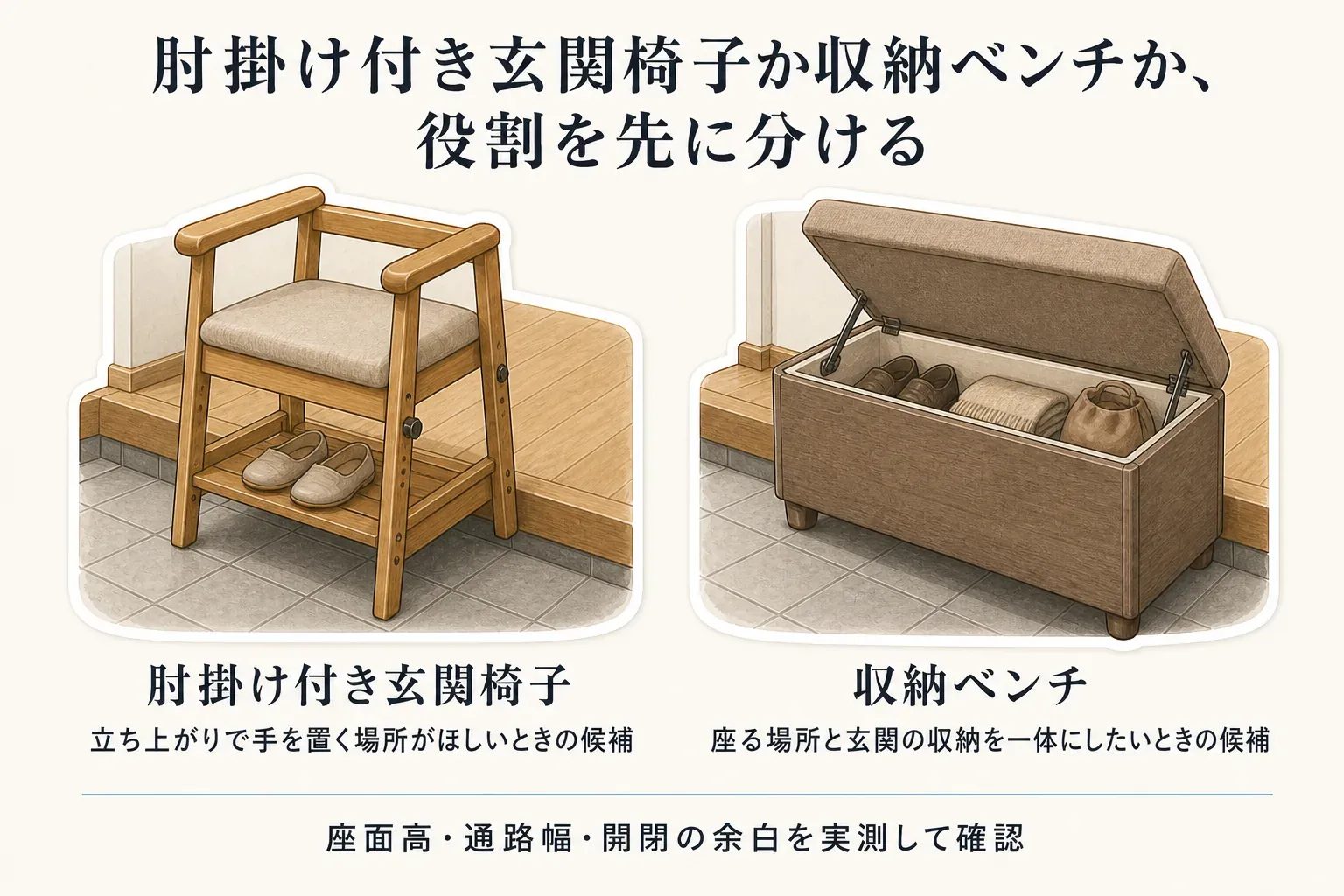 肘掛け付き玄関椅子と収納ベンチの役割を分ける図。立ち上がりで手を置く場所がほしいときは肘掛け付き玄関椅子、座る場所と玄関収納を一体にしたいときは収納ベンチを候補とし、どちらも座面高・通路幅・開閉の余白を実測して確認することを示している