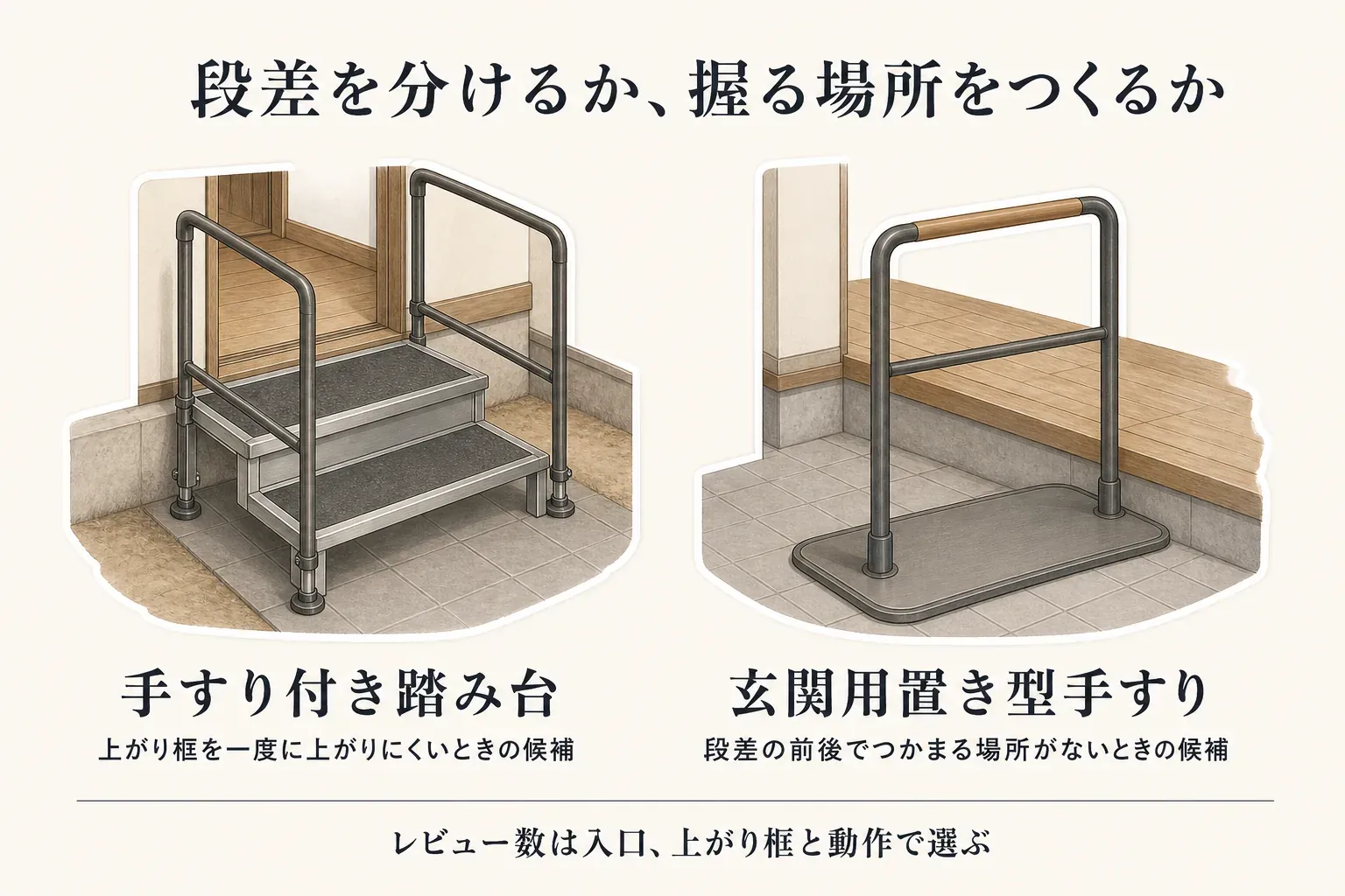 玄関で困っている動作ごとに候補を分けた図。上がり框の段差を一度に上がりにくい場合は手すり付き踏み台・ステップ台、段差の前後でつかまる場所がない場合は玄関用置き型手すり、廊下まで支えながら歩きたい場合は長い置き型手すり、靴の脱ぎ履きで姿勢が崩れる場合は玄関台付き手すりを確認する