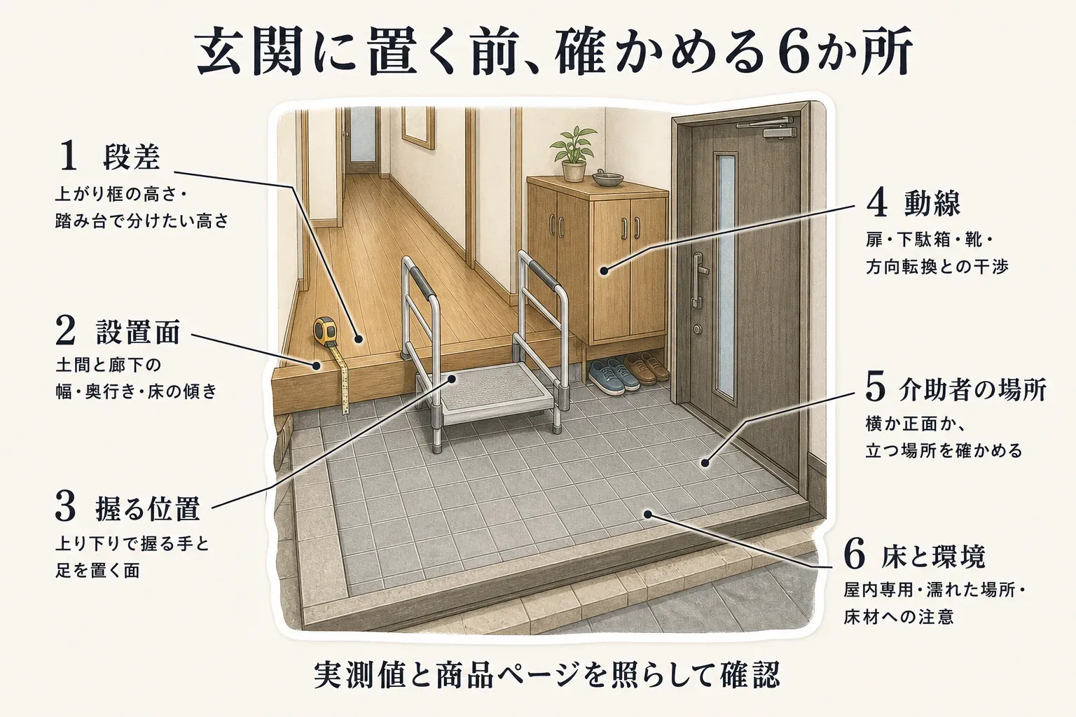 玄関用置き型手すりや手すり付き踏み台を置く前に確認する6項目の図。段差は土間から廊下までの高さ、設置面は幅・奥行き・床の傾き、握る位置は上り下りで使う手と足の運び、動線は扉・下駄箱・靴・方向転換、介助者の場所は支える位置、床と環境は屋内外の使用条件や濡れ・傷の注意を実測値と商品ページで確認する