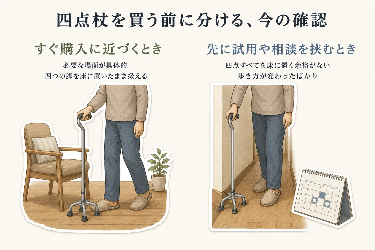 四点杖をすぐ購入する判断と、先に試用や相談を挟む判断を分けた図。必要な場面が具体的で四つの脚を床に置いたまま扱えるときは購入に近づき、四点すべてを床に置く余裕がない、または歩き方が変わったばかりのときは試用や相談を挟むことを示している。