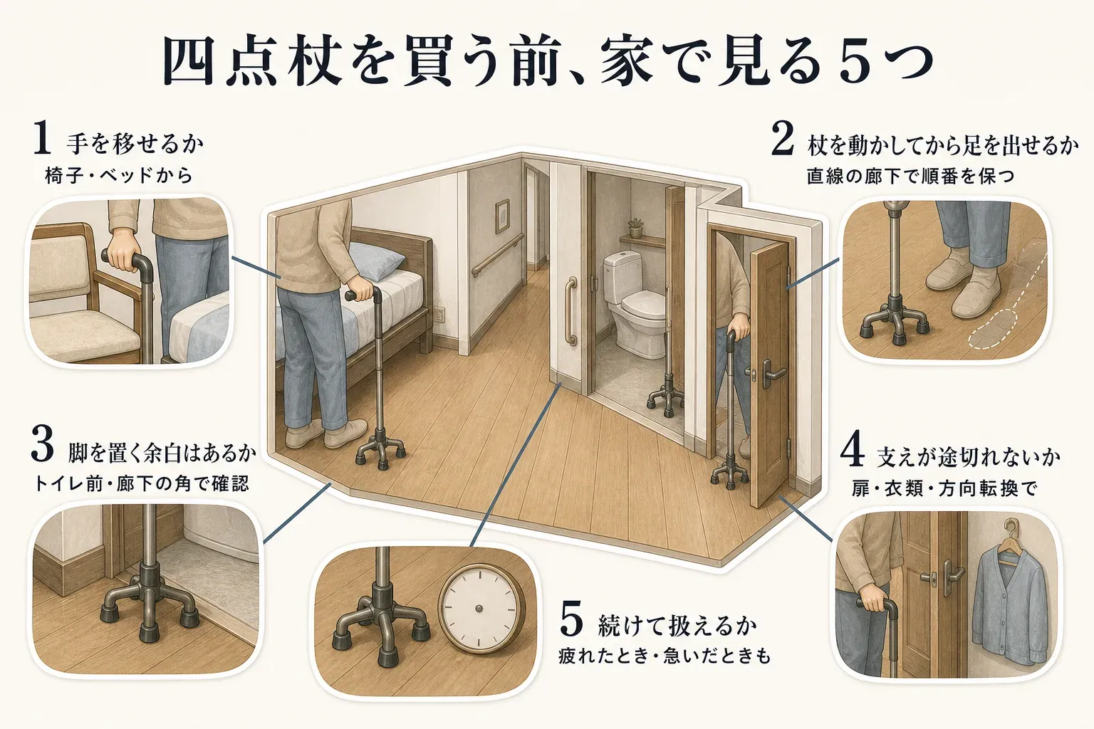 四点杖を買う前に家で確認する5つの場面を示した図。椅子・ベッドから手を移せるか、直線の廊下で杖を動かしてから足を出せるか、トイレ前や廊下の角に杖の脚と足を置く余白があるか、扉の開閉・衣類の扱い・方向転換で支えが途切れないか、疲れたときや急いだときも扱い続けられるかを描いている