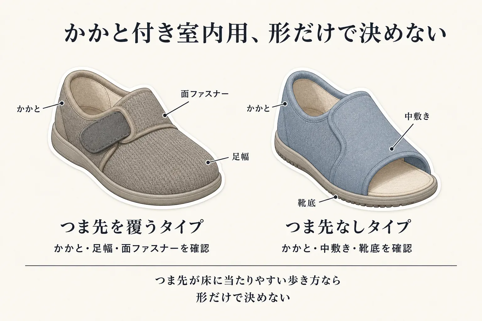 つま先を覆うタイプとかかと付きのつま先なしタイプを比べた図。つま先を覆うタイプはかかと・足幅・面ファスナーを、つま先なしタイプはかかと・中敷き・靴底を確認し、つま先が床に当たりやすい歩き方なら形だけで決めないよう示している