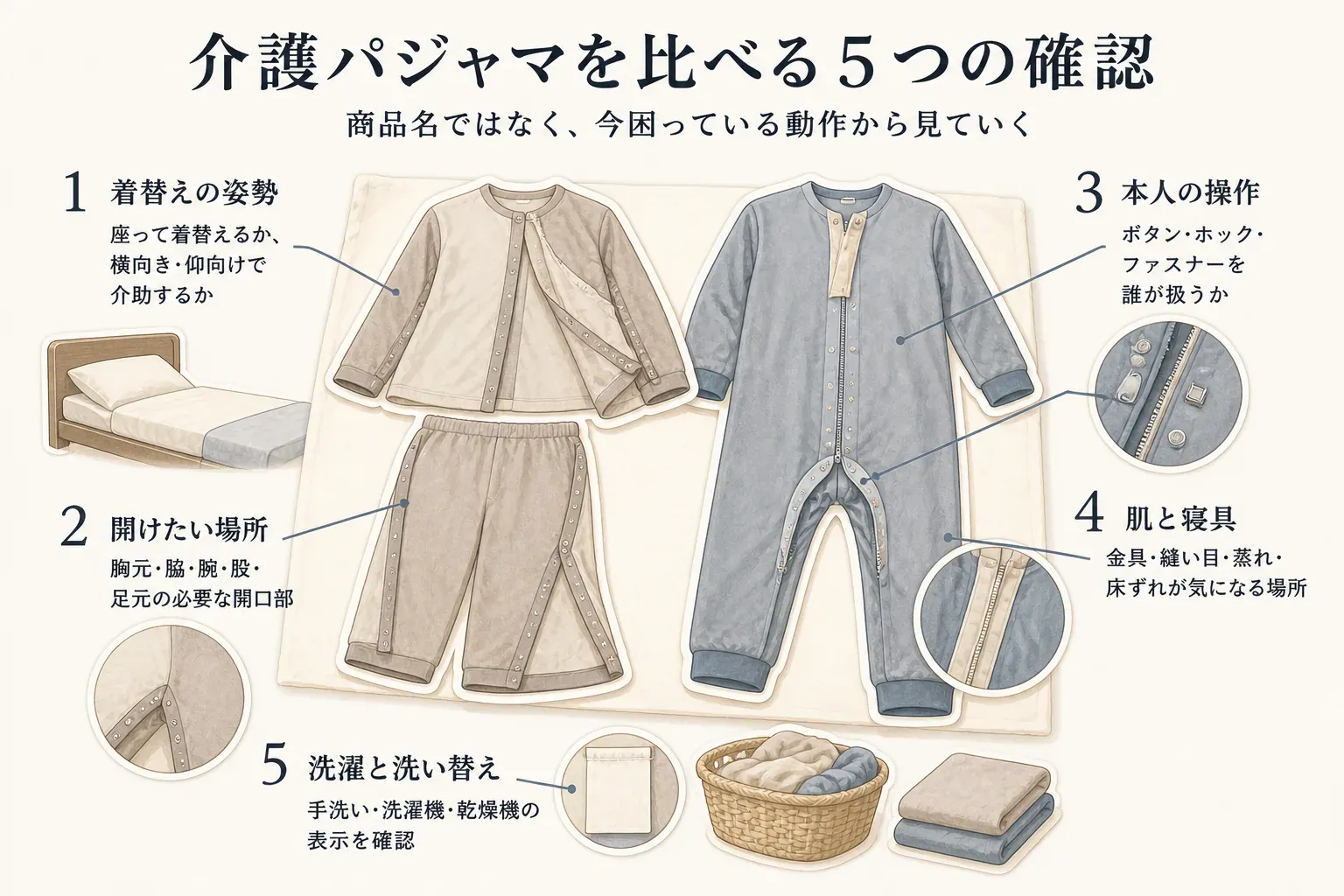 介護用前開きパジャマとつなぎ服を選ぶ際の5つの確認項目を示す図。着替えの姿勢、胸元・脇・腕・股・足元の開けたい場所、本人と介助者のボタン・ホック・ファスナー操作、金具・縫い目・蒸れ・床ずれなど肌と寝具への当たり、手洗い・洗濯機・乾燥機と洗い替えを確認する流れをまとめている