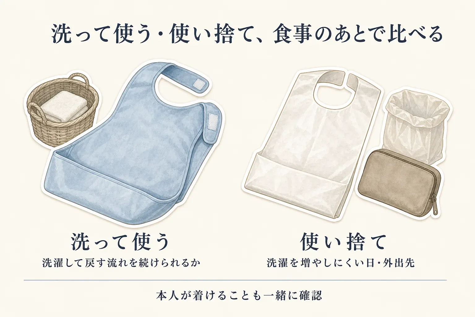 食事用エプロンを洗って使う場合と使い捨てにする場合を比べた図。洗って使う側は洗濯して戻す流れを続けられるか、使い捨て側は洗濯を増やしにくい日や外出先での処分を示し、どちらも本人が着けることを確認するよう案内している