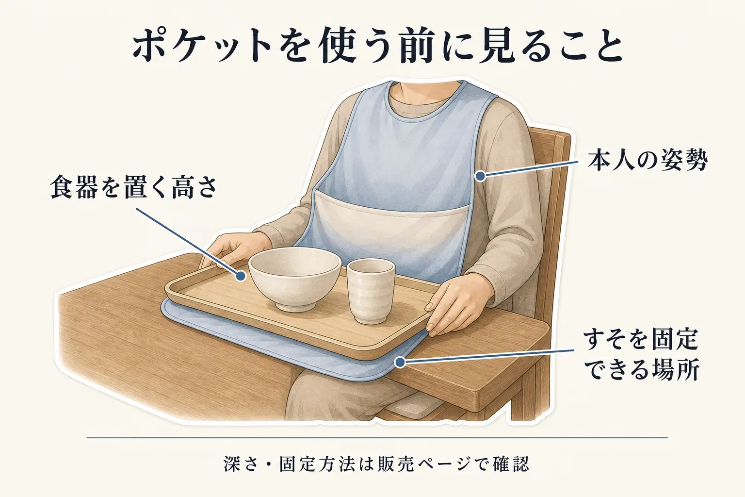 食事用エプロンのポケットを使う前の確認点を示した図。本人の姿勢、食器を置く高さ、エプロンのすそをトレーの下などで固定できる場所を確認し、ポケットの深さと固定方法は販売ページで確かめるよう案内している