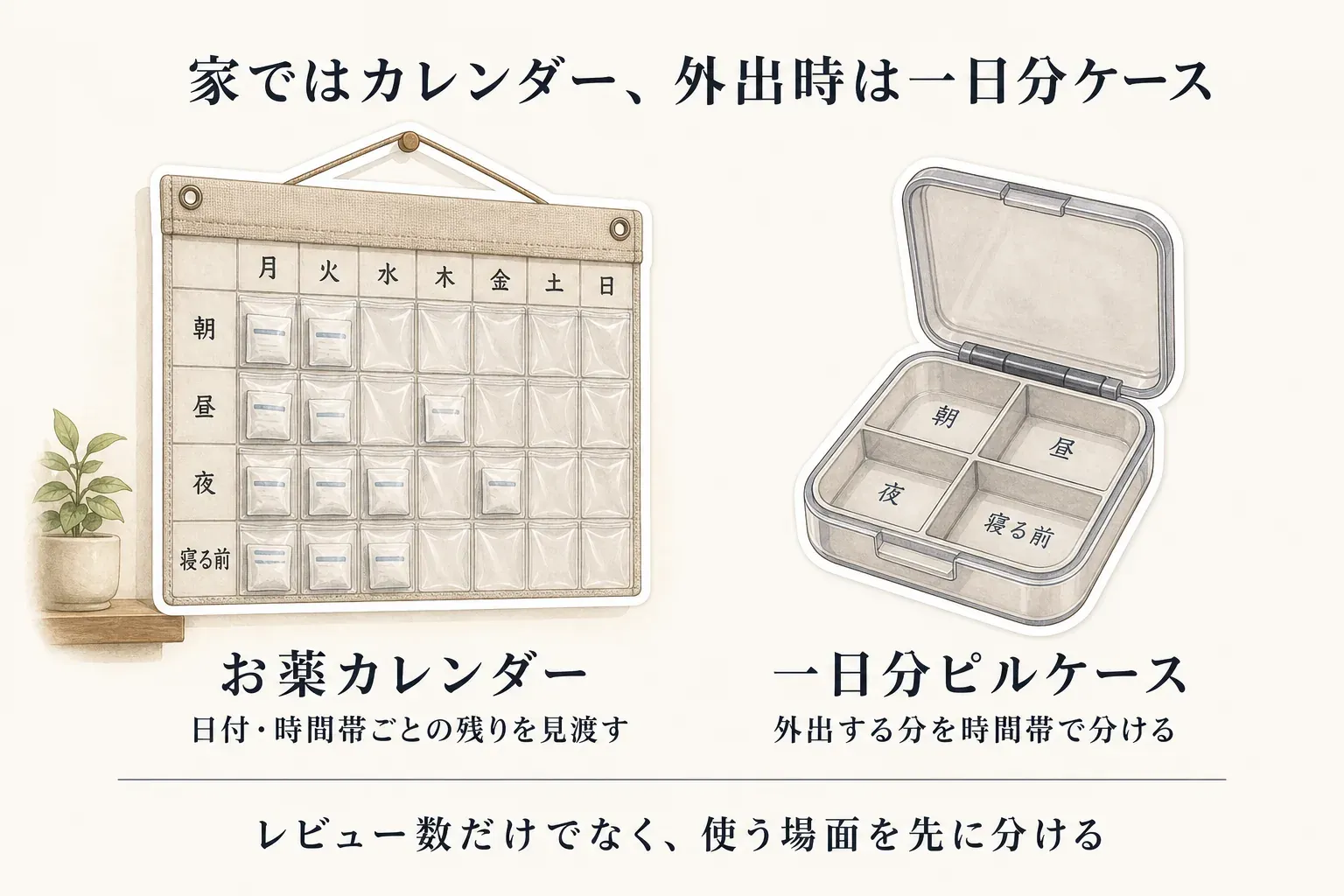 壁掛けお薬カレンダーと一日分ピルケースの役割を比べた図。カレンダーは月曜から日曜、朝・昼・夜・寝る前のポケットで日付・時間帯ごとの残りを見渡し、ピルケースは朝・昼・夜・寝る前の仕切りで外出する分を分けることを示している。レビュー数だけでなく使う場面を先に分けるよう案内している