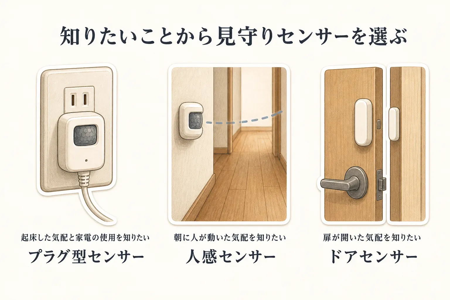 見守りセンサーを知りたいことから選ぶ図。起床した気配と家電の使用を知りたい場合はプラグ型センサー、朝に人が動いた気配を知りたい場合は人感センサー、扉が開いた気配を知りたい場合はドアセンサーを選ぶことを示している