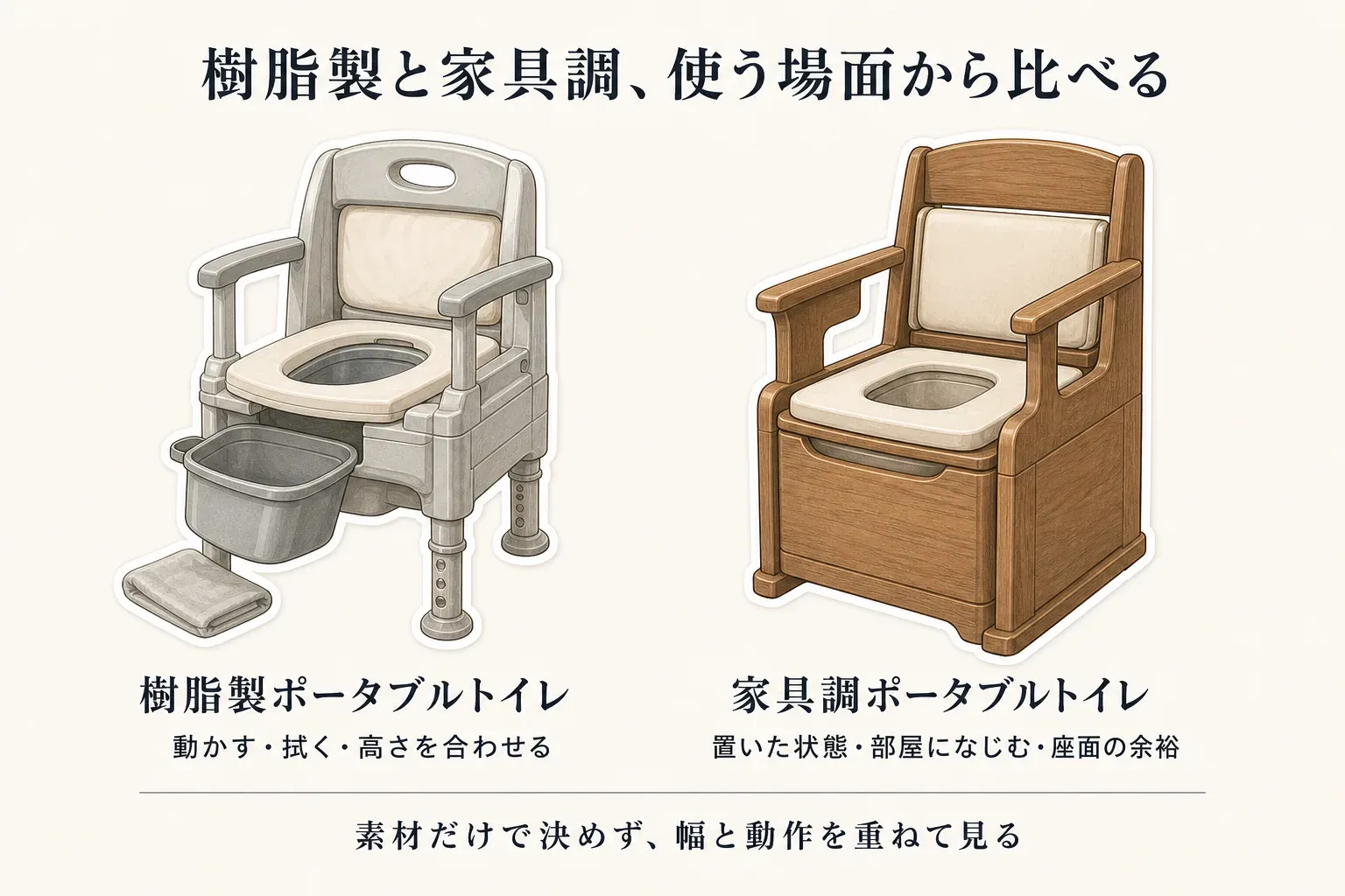 樹脂製ポータブルトイレと家具調ポータブルトイレを使う場面から比較した図。樹脂製は、バケツとカバーを外せるトイレとともに「動かす・拭く・高さを合わせる」、家具調は木目調のトイレとともに「置いた状態・部屋になじむ・座面の余裕」と示し、素材だけで決めず幅と動作を重ねて見ることを案内している。