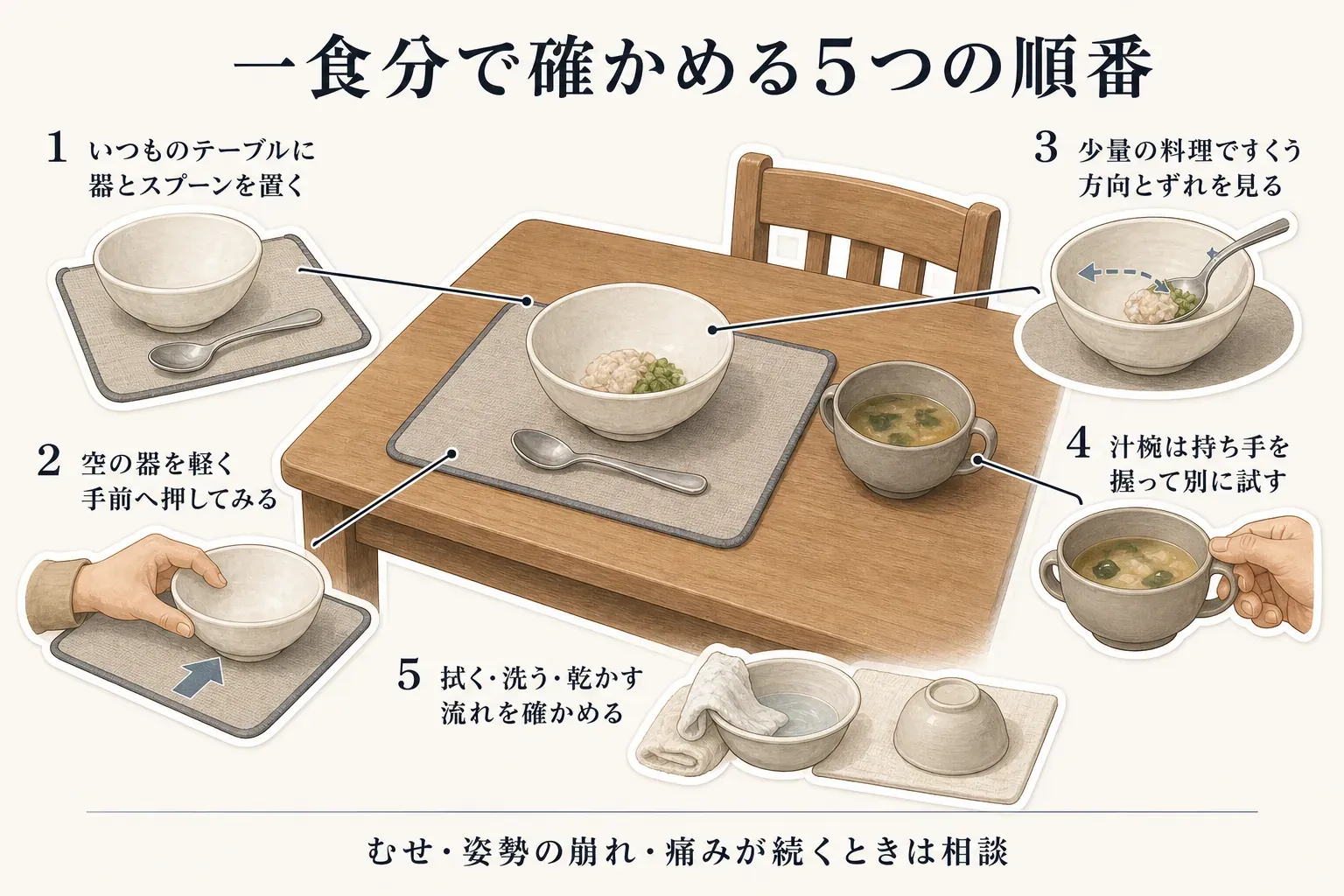 一食分で確認する5つの順番を示した図。いつものテーブルに器とスプーンを置く、空の器を軽く手前へ押す、少量の料理ですくう方向と器のずれを見る、汁椀は持ち手を握って別に試す、拭く・洗う・乾かす流れを確かめることを描いている。むせ・姿勢の崩れ・痛みが続くときは相談するよう案内している