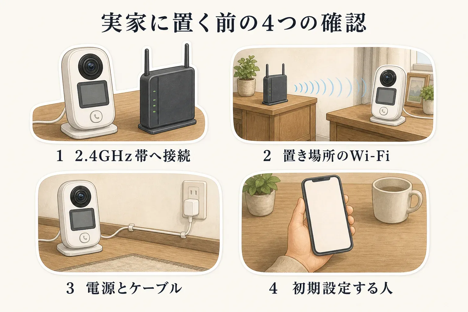 実家に見守りカメラを置く前の4つの確認事項を示す図。2.4GHz帯への接続、置き場所まで届くWi-Fi、電源とケーブルの取り回し、初期設定をする人を確認する