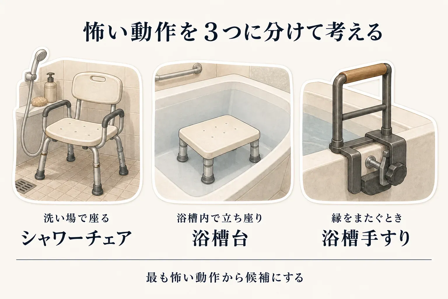入浴時の不安を三つの動作に分け、洗い場で座って姿勢を保つ、浴槽の中で立つ・座るときに足元と高さを合わせる、浴槽の縁をまたぐときに安定して握れる場所を確保することを示した図