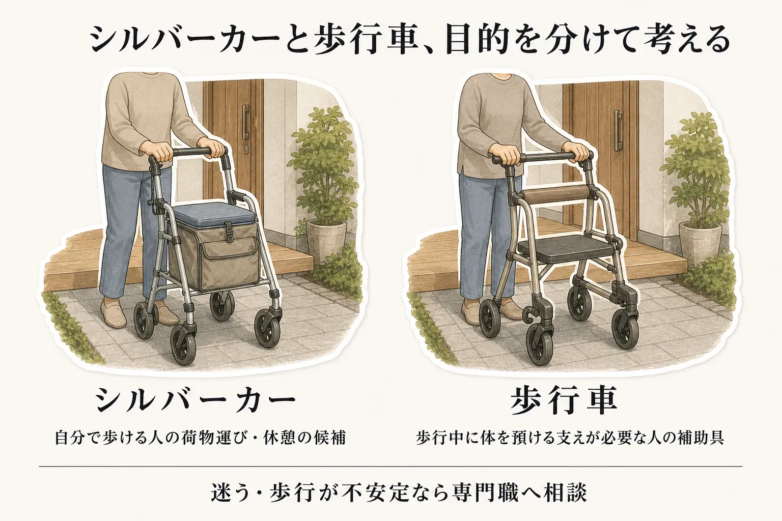 シルバーカーと歩行車の目的の違いを示した図。自立して歩ける人が荷物を運び途中で休むためのシルバーカーと、歩行中に体を預けて支えを得るための歩行車を分け、使用前に身体の状態を専門職へ確認するよう案内している（出典：NITE）