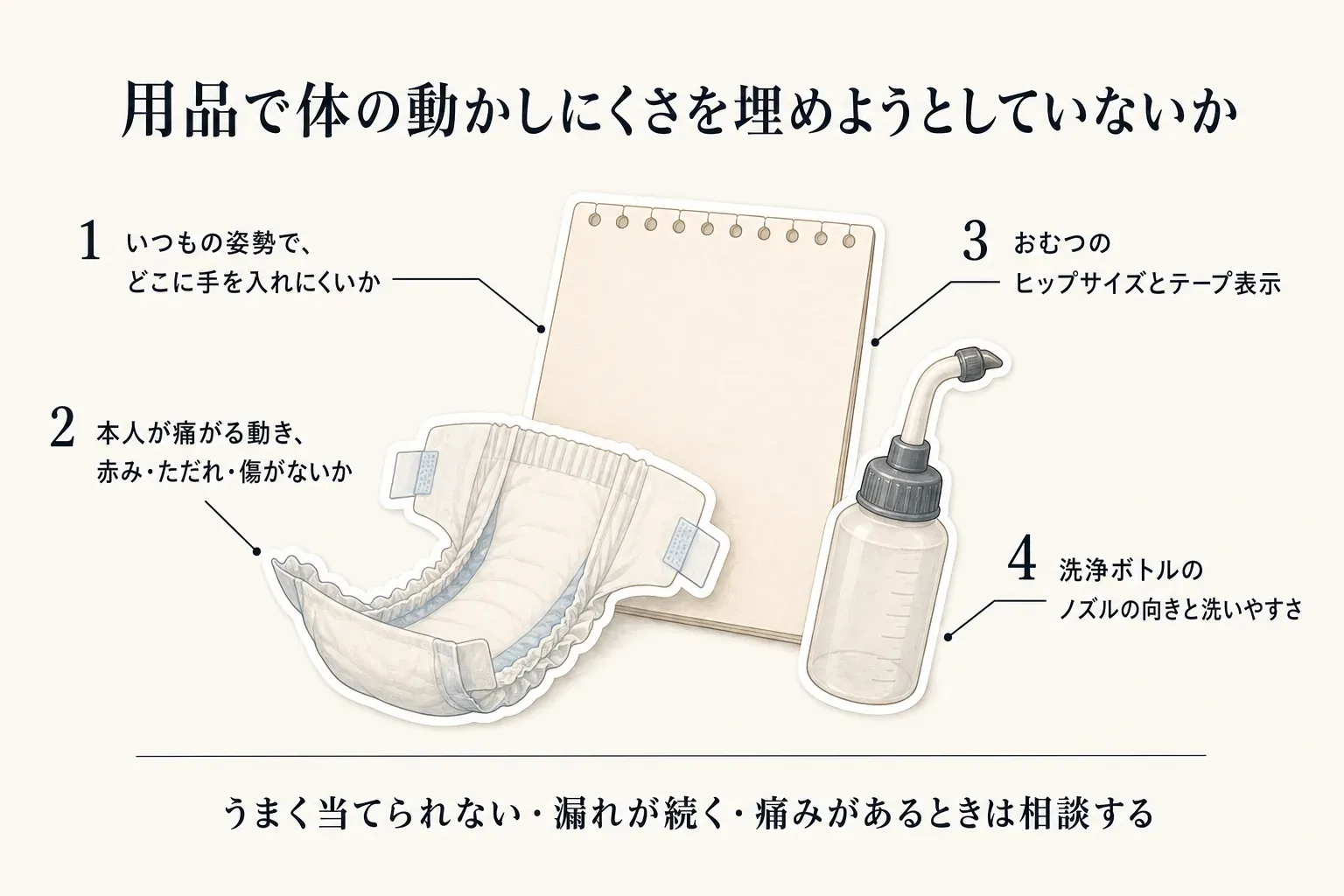 脚を広げにくい人のおむつ交換で確認する4項目として、いつもの姿勢で手を入れにくい場所、本人が痛がる動きや皮膚の赤み・ただれ・傷、おむつのヒップサイズとテープ表示、洗浄ボトルのノズルの向きと洗いやすさを示し、当てにくさ・漏れ・痛みがあるときは相談することを伝える図