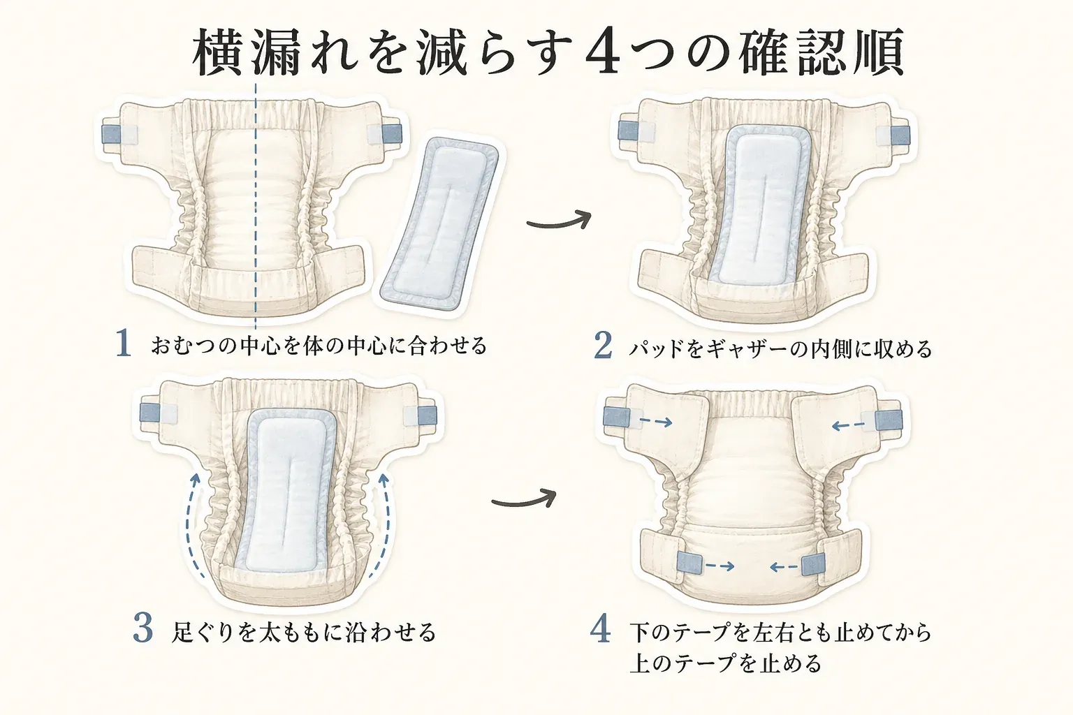 テープ式おむつと尿とりパッドで横漏れを減らす4つの確認順として、おむつの中心を体の中心に合わせる、パッドをギャザーの内側に収める、足ぐりを太ももに沿わせる、下のテープを左右とも止めてから上のテープを止めることを示した図