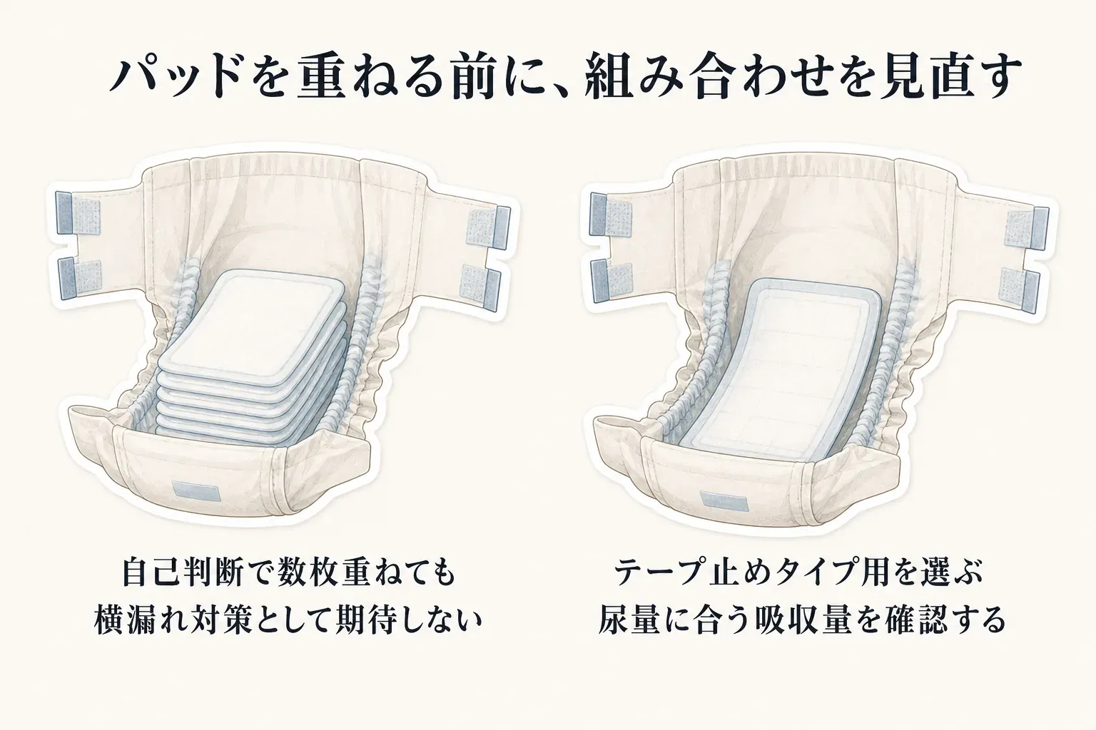 テープ式おむつの中で尿とりパッドを何枚も重ねる図と、テープ止めタイプ用のパッドを1枚収める図を並べ、自己判断で重ねても横漏れ対策として期待せず、テープ止めタイプ用を選んで尿量に合う吸収量を確認することを示した図