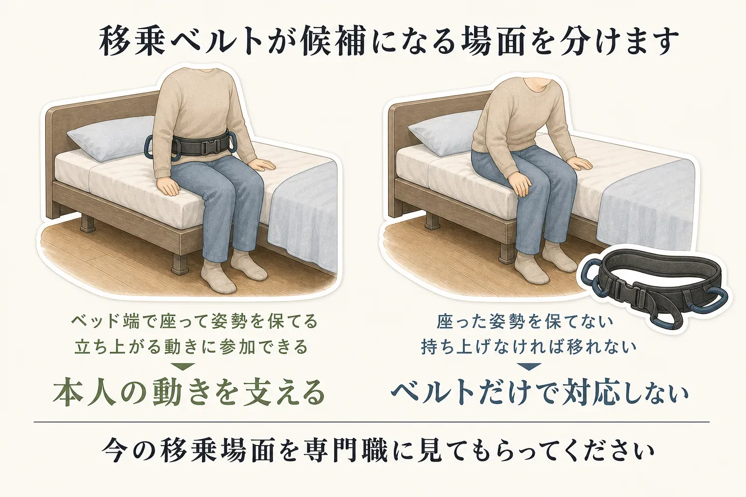 一人介助で移乗ベルトを候補にする前に確認する条件として、ベッド端座位を保てること、足裏を床または足台に置いて立ち上がりに参加できること、声かけを理解して同じ手順で動けること、車椅子のブレーキと足台・肘掛けを確認できること、介助者が前かがみにならず動ける空間があることを示した図