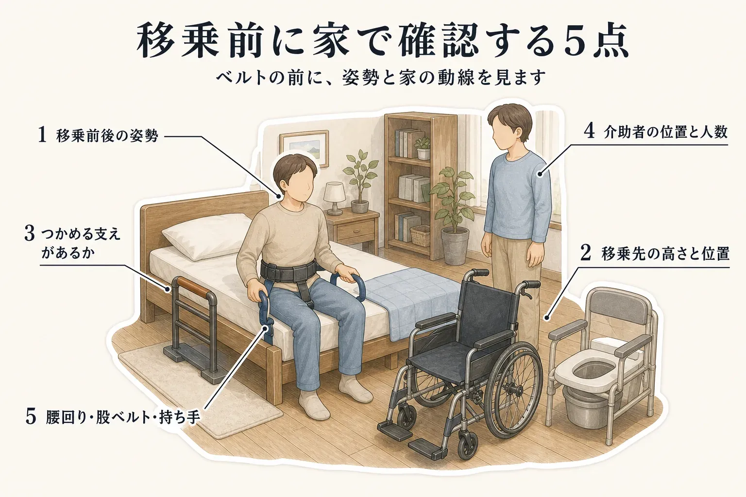 移乗前に家で確認する5点として、移乗前後の姿勢、移乗先の高さと位置、本人がつかめる支え、介助者の位置と人数、ベルトの腰回り・股ベルト・持ち手を、ベッド・車いす・ポータブルトイレの配置図で示した図