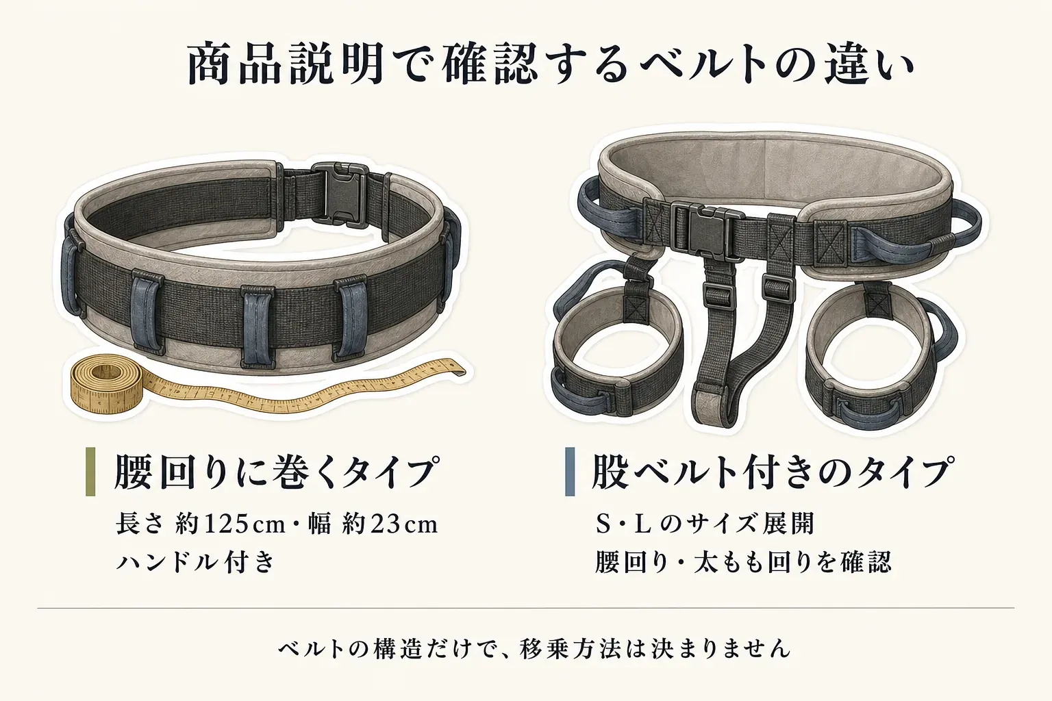 商品説明で確認する移乗ベルトの違いとして、ハンドル付きで長さ約125cm・幅約23cmの腰回りに巻くタイプと、S・Lのサイズ展開があり腰回り・太もも回りを確認する股ベルト付きタイプを並べ、ベルトの構造だけで移乗方法は決まらないことを示した図