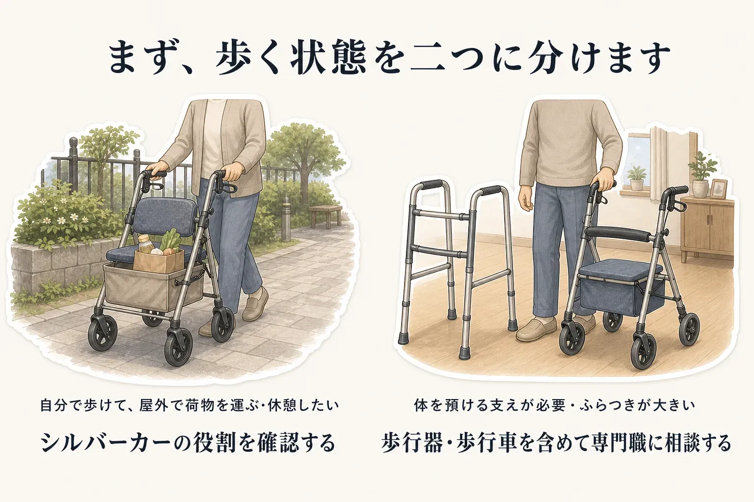 歩行器・歩行車とシルバーカーの目的の違いを示した図。歩行中に体を預けられる支えが必要な場合は歩行器・歩行車を検討し、自立して歩ける人が屋外で荷物を運んだり休憩したりしながら歩く場合はシルバーカーの役割を確認することを、用途ごとに分けて整理している。出典：NITE「シルバーカー及び歩行車の事故」、テクノエイド協会「シルバーカー」